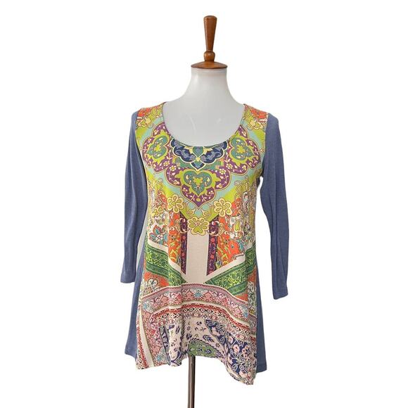 Poeme Citron Womens Elbow Sleeve Floral Pullover Top Blue M Medium - Picture 1 of 6